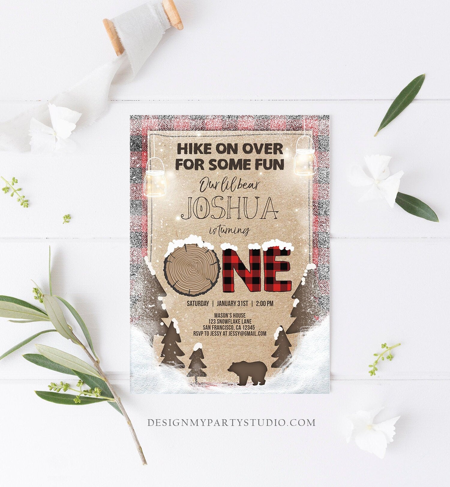 Editable Winter Lumberjack Birthday Invitation Rustic Woodland First Birthday Snow Forest Red Plaid Black Bear Printable Corjl Template 0026