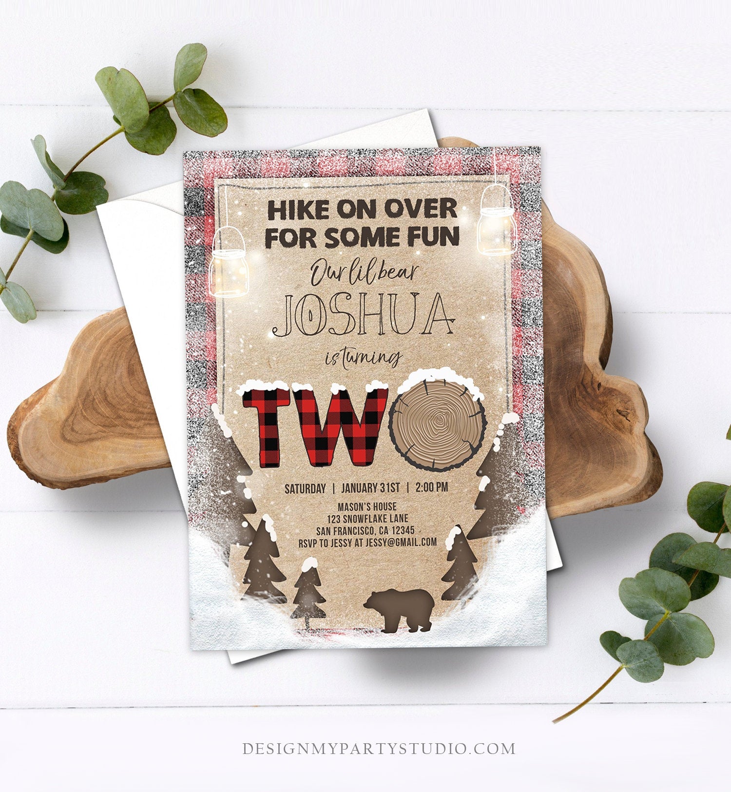 Editable Winter Lumberjack Birthday Invitation Rustic Woodland Second Birthday Snow Forest Red Plaid Download Printable Corjl Template 0026