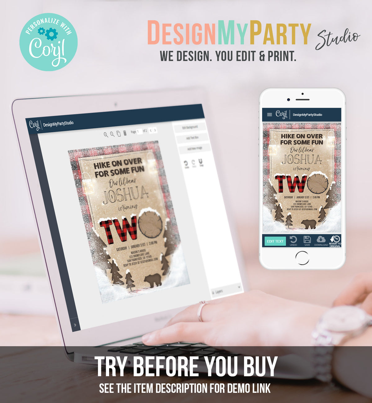 Editable Winter Lumberjack Birthday Invitation Rustic Woodland Second Birthday Snow Forest Red Plaid Download Printable Corjl Template 0026