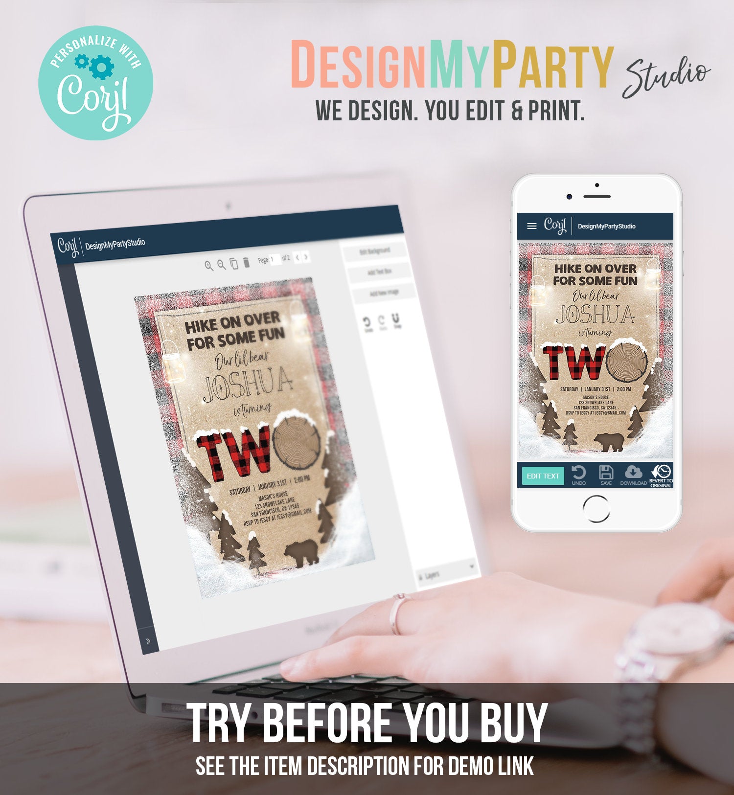 Editable Winter Lumberjack Birthday Invitation Rustic Woodland Second Birthday Snow Forest Red Plaid Download Printable Corjl Template 0026