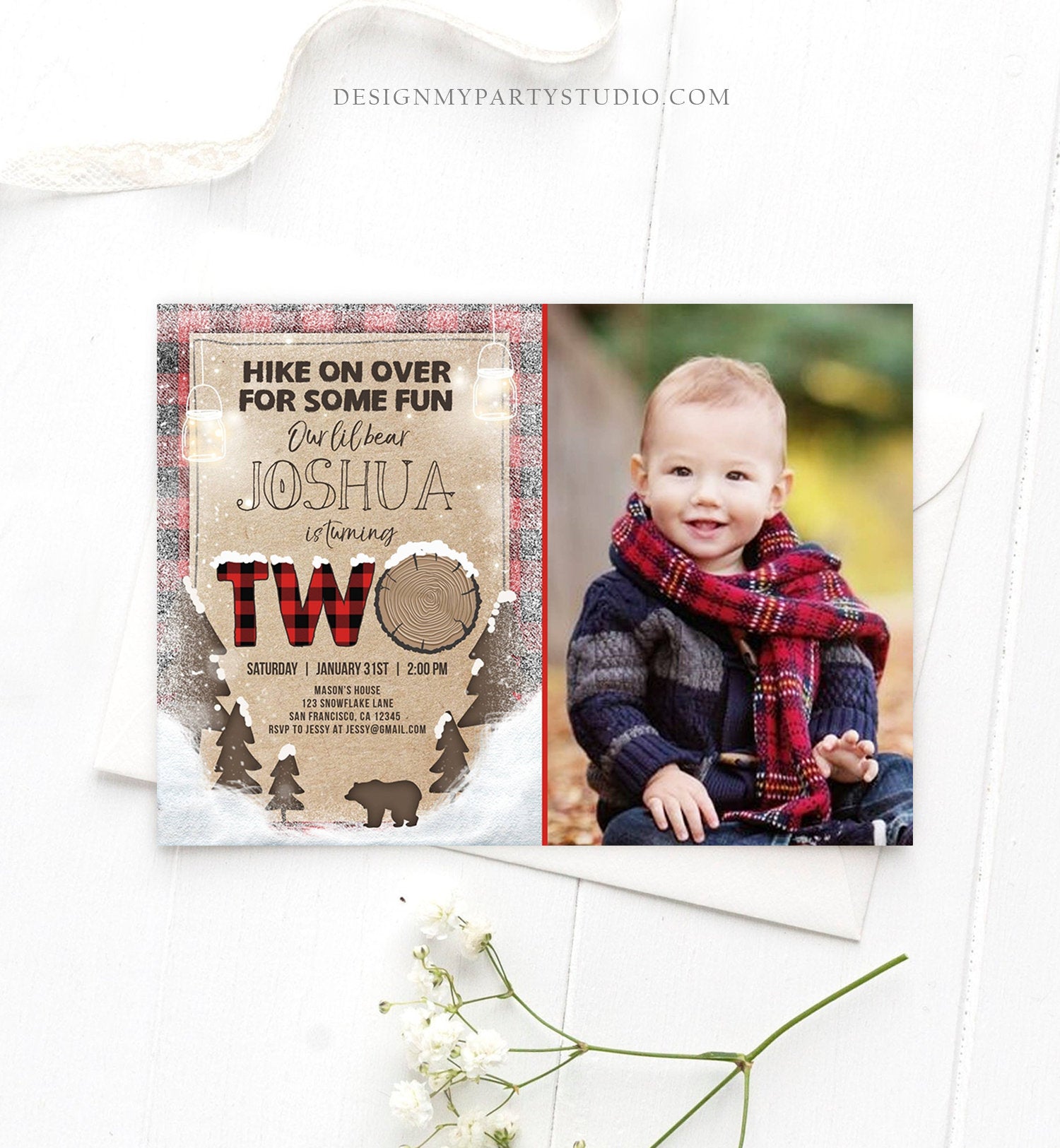 Editable Winter Lumberjack Birthday Invitation Rustic Woodland Second Birthday Snow Forest Red Plaid Download Printable Corjl Template 0026