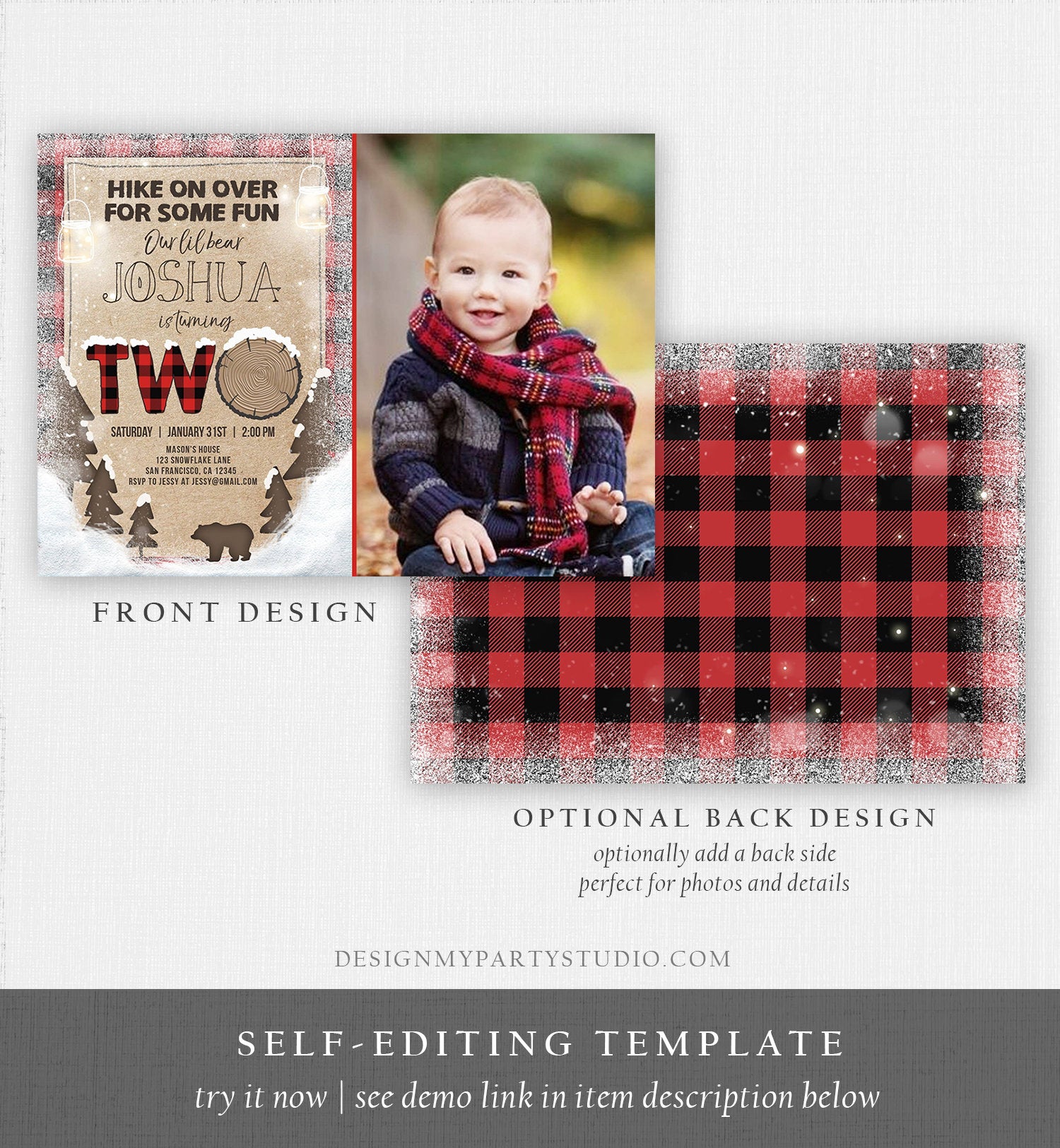 Editable Winter Lumberjack Birthday Invitation Rustic Woodland Second Birthday Snow Forest Red Plaid Download Printable Corjl Template 0026