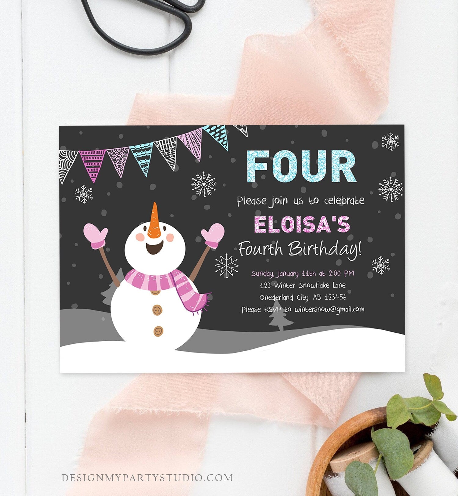 Editable ANY AGE Winter Birthday Invitation First Birthday Snowflake Girl Snowman Instant Download Printable Invite Template Corjl 0022