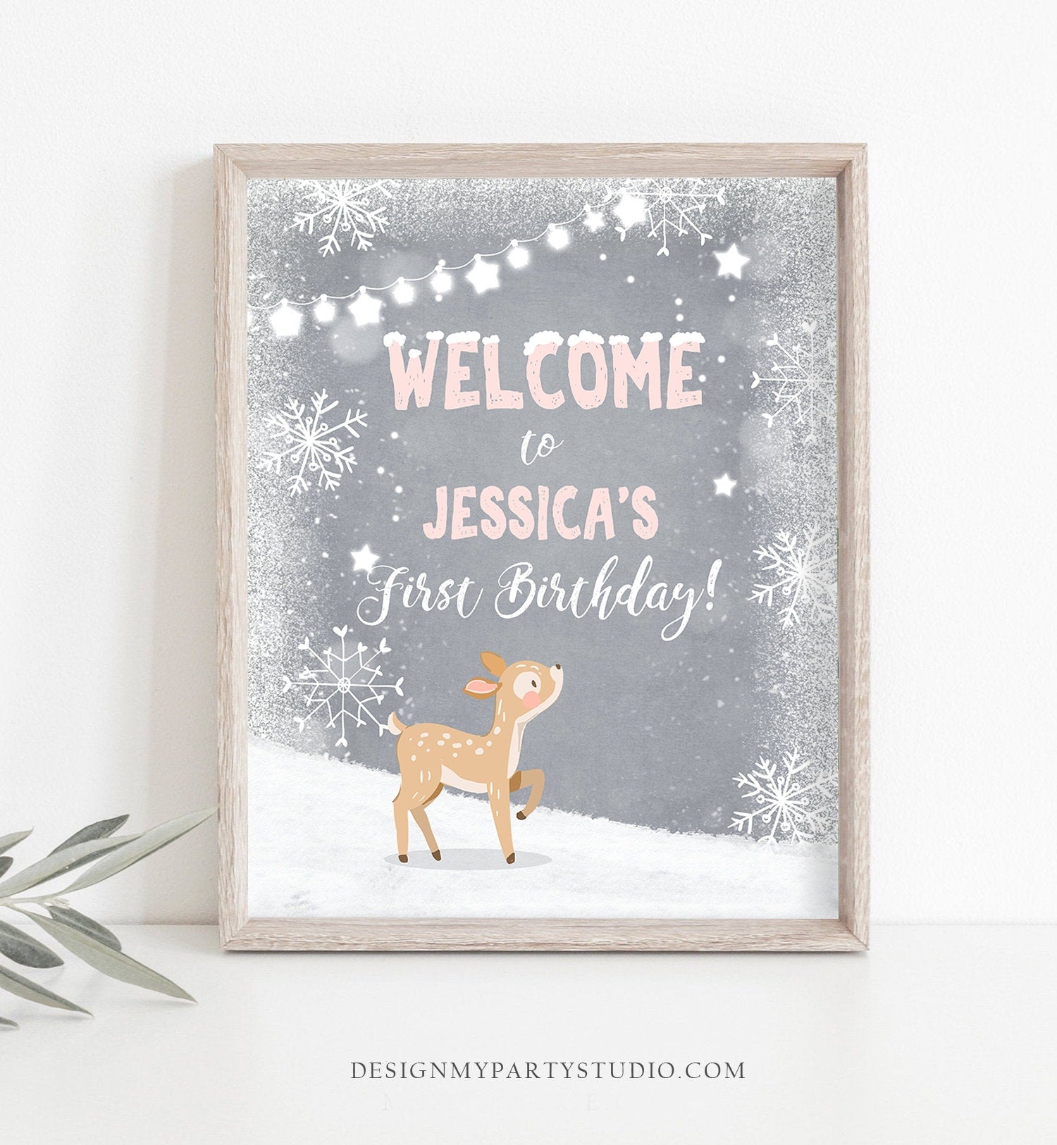 Editable Winter Birthday Welcome Sign Winter Onederland Decorations Girl Pink Deer Woodland Snowflakes Snow Template PRINTABLE Corjl 0109