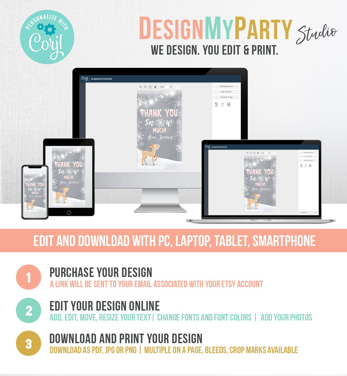 Editable Winter Birthday Favor Tags Pink Girl Snowflakes Thank You Snow much Winter Onederland Deer Shower Template PRINTABLE Corjl 0109