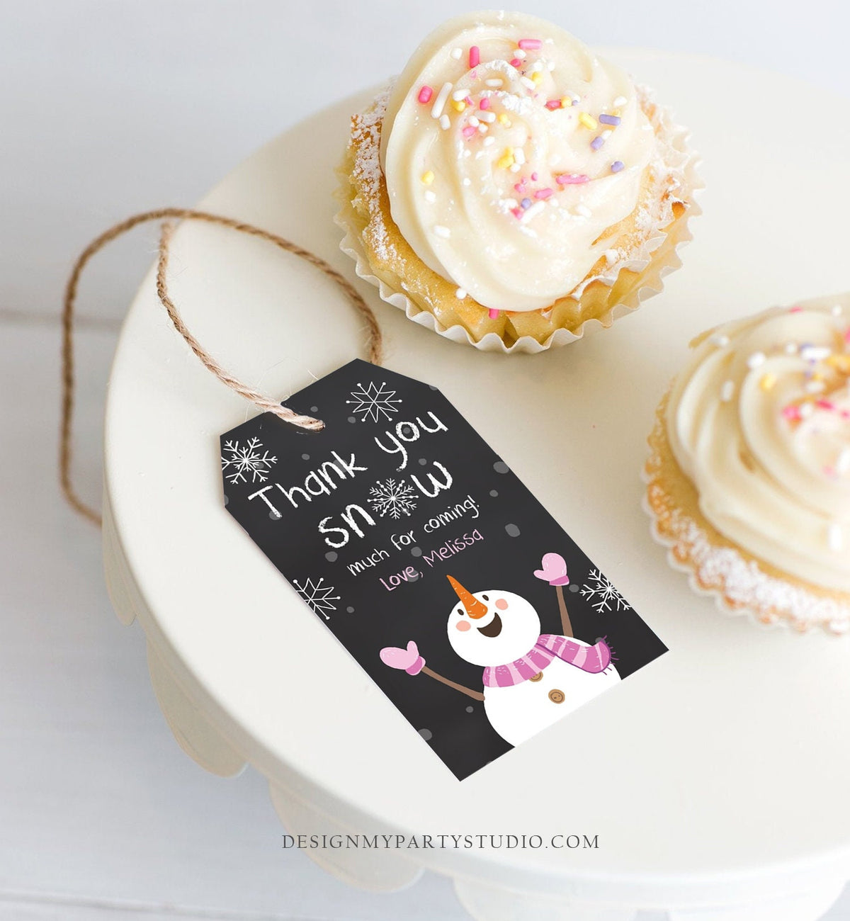 Editable Winter Thank You Tags Girl Birthday Favor Tags Pink Snowflakes Snowman Winter Onederland Christmas Template PRINTABLE Corjl 0022