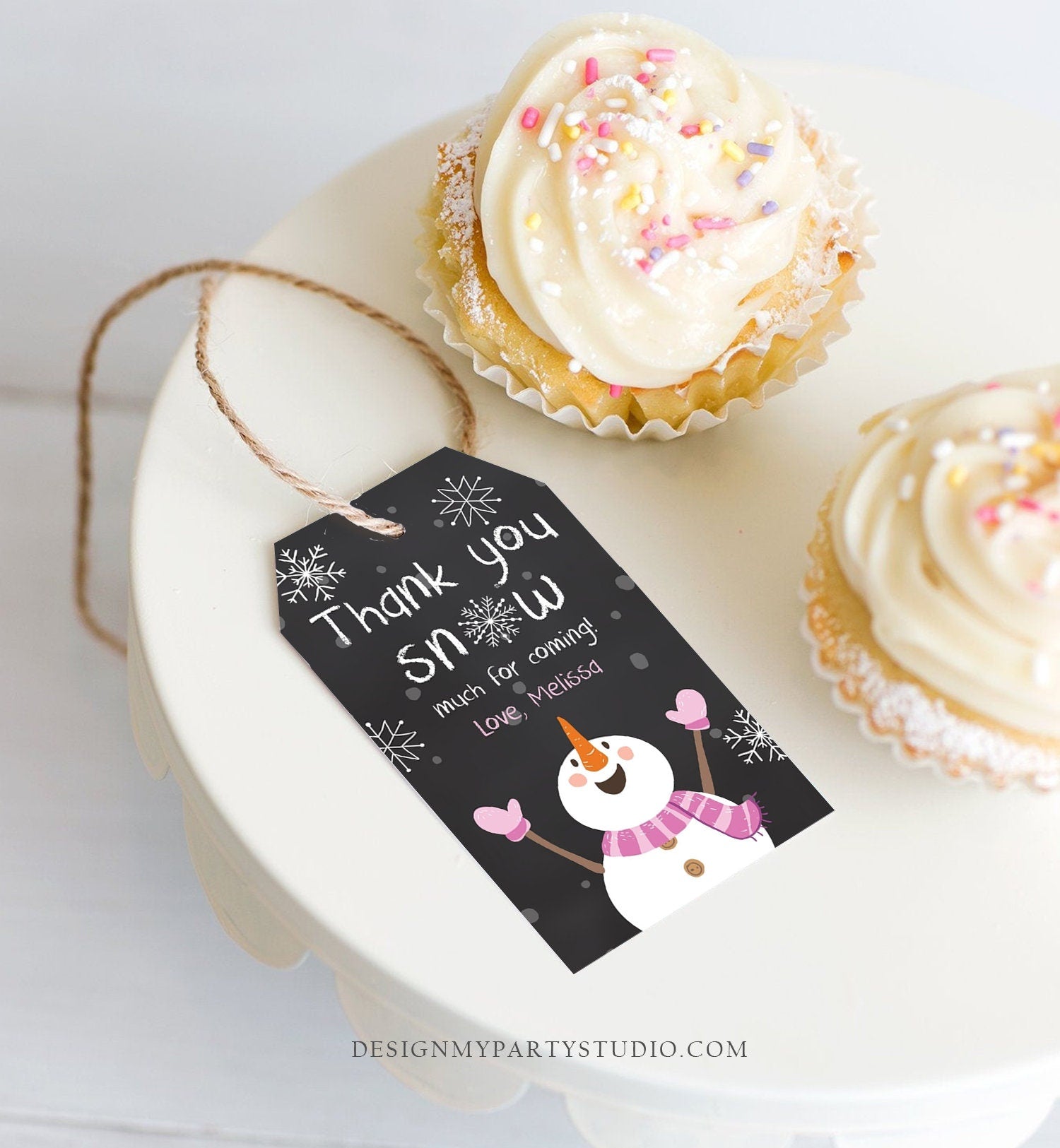 Editable Winter Thank You Tags Girl Birthday Favor Tags Pink Snowflakes Snowman Winter Onederland Christmas Template PRINTABLE Corjl 0022
