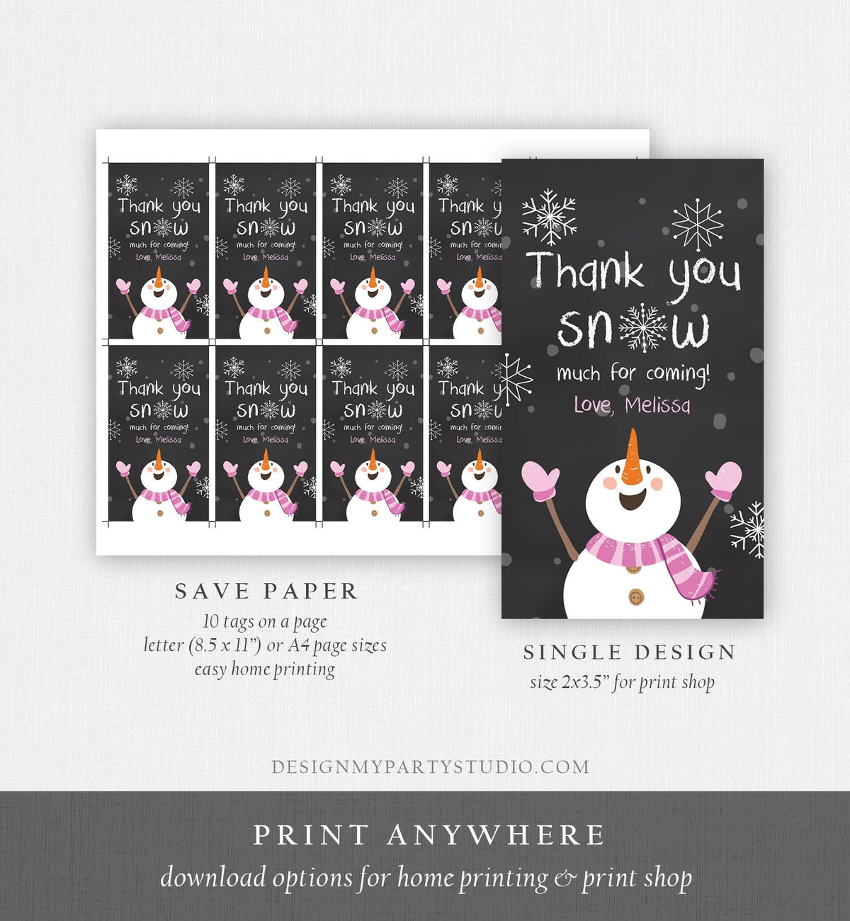 Editable Winter Thank You Tags Girl Birthday Favor Tags Pink Snowflakes Snowman Winter Onederland Christmas Template PRINTABLE Corjl 0022
