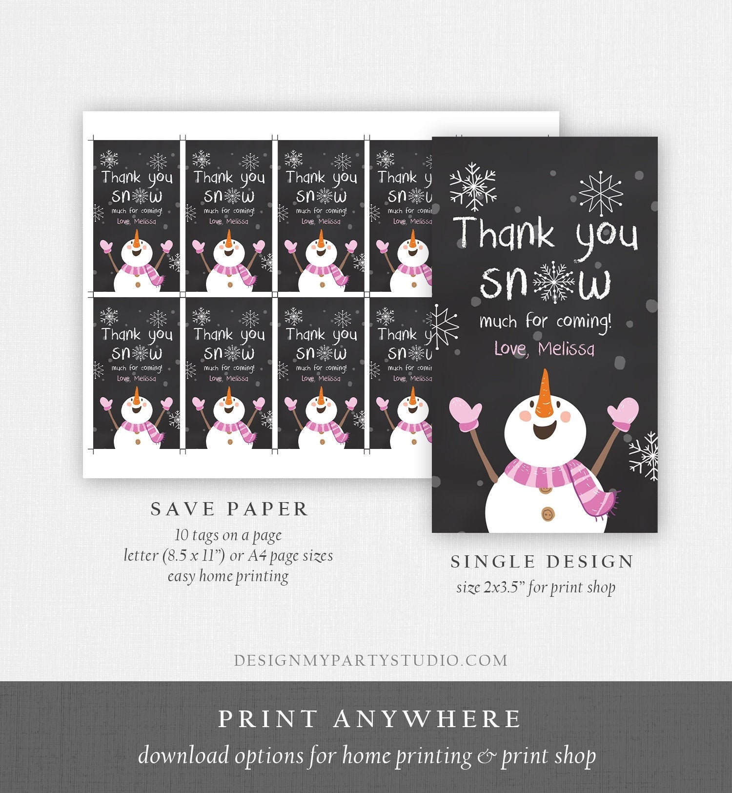 Editable Winter Thank You Tags Girl Birthday Favor Tags Pink Snowflakes Snowman Winter Onederland Christmas Template PRINTABLE Corjl 0022