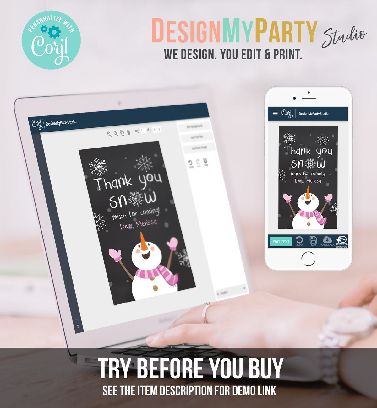 Editable Winter Thank You Tags Girl Birthday Favor Tags Pink Snowflakes Snowman Winter Onederland Christmas Template PRINTABLE Corjl 0022