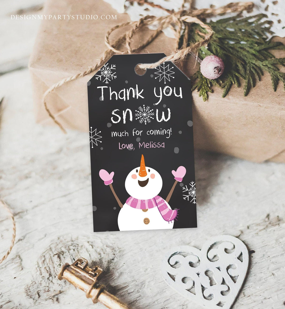 Editable Winter Thank You Tags Girl Birthday Favor Tags Pink Snowflakes Snowman Winter Onederland Christmas Template PRINTABLE Corjl 0022