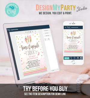 Editable Wild One Time Capsule First Birthday Party Feathers Tribal Pink and Gold Girl Birthday Guestbook Template Printable Corjl 0073