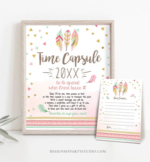 Editable Wild One Time Capsule First Birthday Party Feathers Tribal Pink and Gold Girl Birthday Guestbook Template Printable Corjl 0073