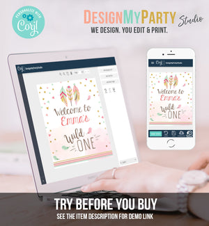 Editable Wild One Welcome Sign Party Birthday Decorations Sign Tribal Feathers Pink and Gold Girl Boho Template PRINTABLE Corjl 0073