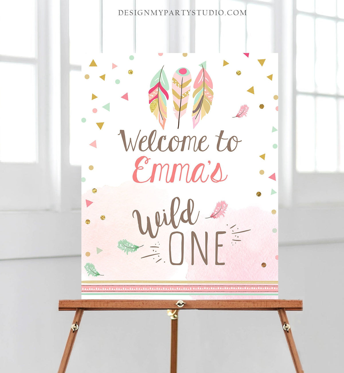 Editable Wild One Welcome Sign Party Birthday Decorations Sign Tribal Feathers Pink and Gold Girl Boho Template PRINTABLE Corjl 0073