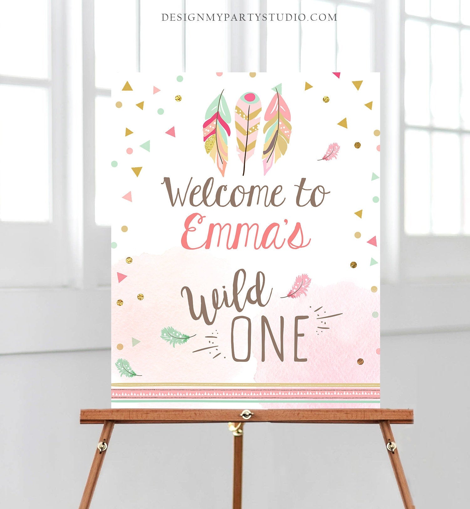 Editable Wild One Welcome Sign Party Birthday Decorations Sign Tribal Feathers Pink and Gold Girl Boho Template PRINTABLE Corjl 0073