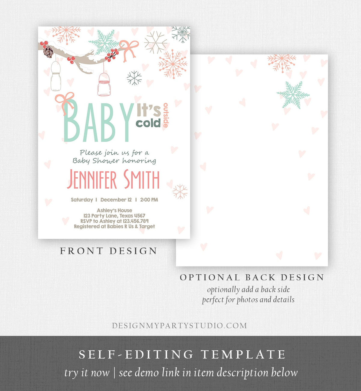 Editable Baby Its Cold Outside Invitation Winter Baby Shower Invite Gender Neutral Snowflakes Mason Jars Pink Template Download Corjl 0054