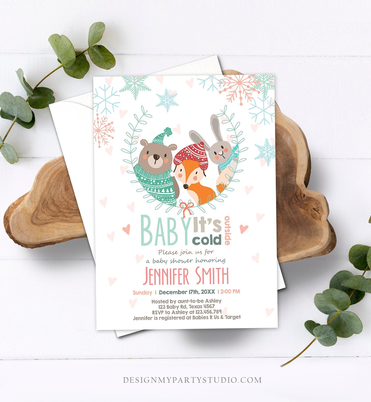 Editable Winter Baby Shower Invitation Woodland Baby its Cold Outside Invite Animals Bear Fox Forest Printable Template Digital Corjl 0054