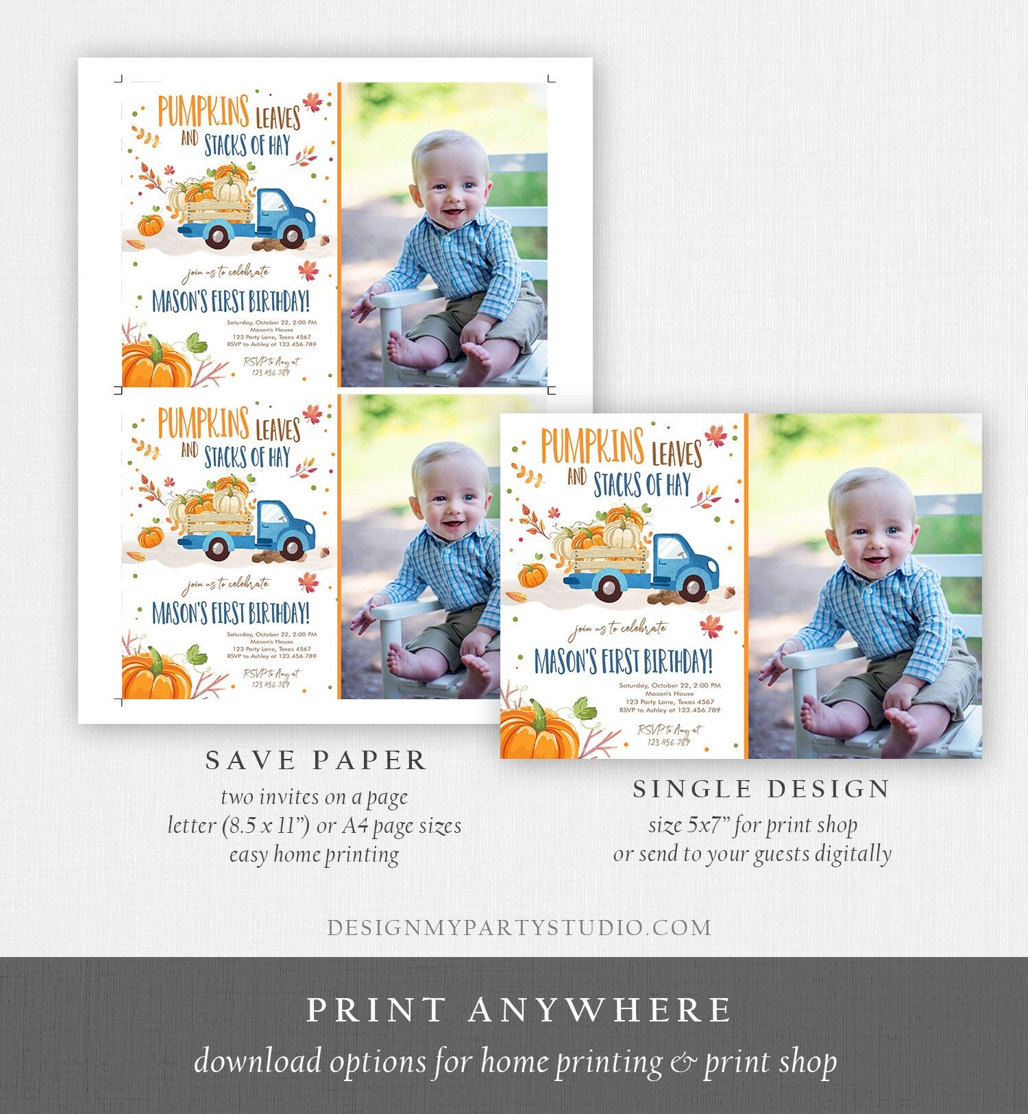 Editable Pumpkin Birthday Invitation Boy Fall Boy Pumpkin Truck Birthday Party Blue Orange Download Printable Invitation Corjl Template 0153