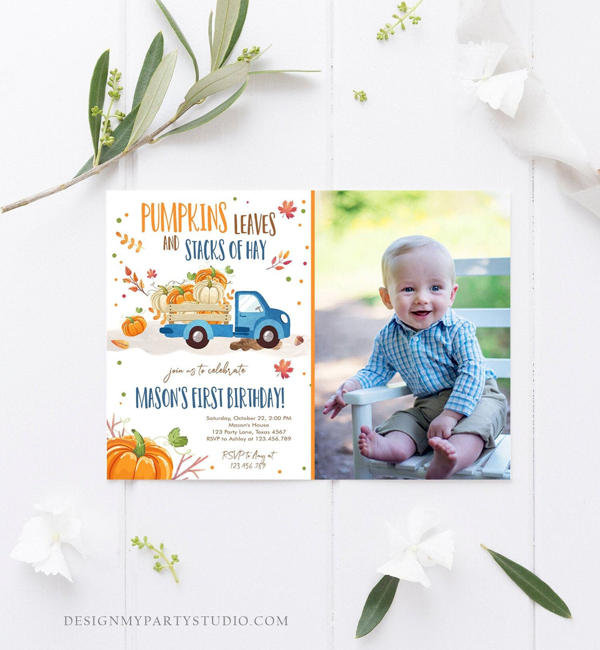 Editable Pumpkin Birthday Invitation Boy Fall Boy Pumpkin Truck Birthday Party Blue Orange Download Printable Invitation Corjl Template 0153