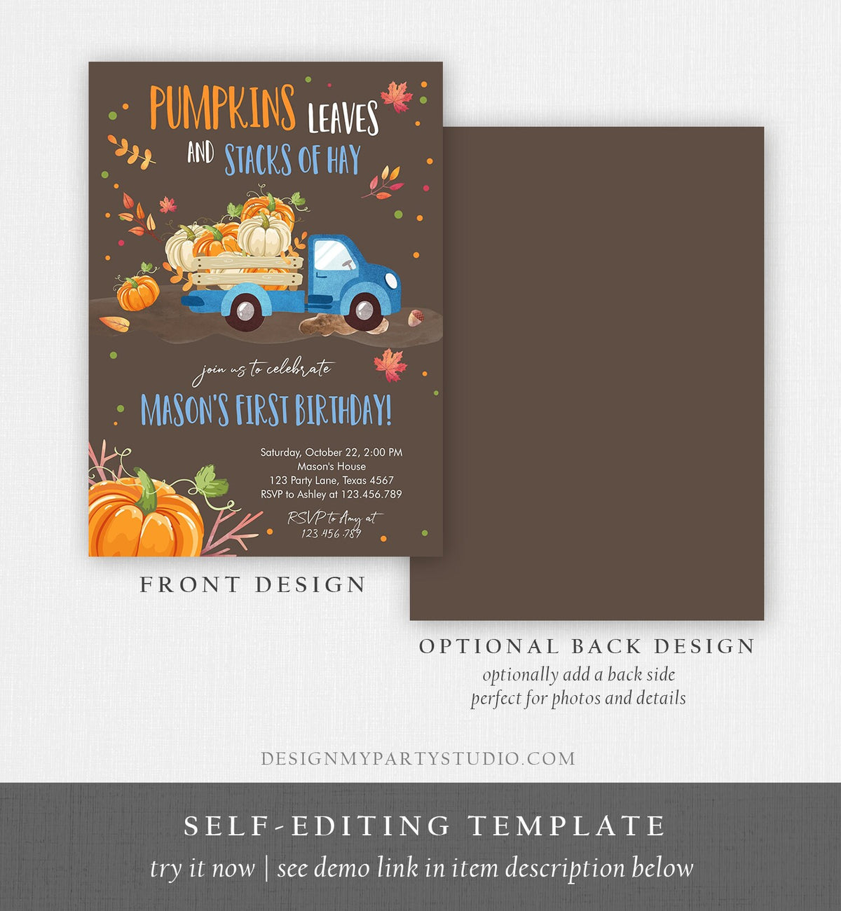 Editable Pumpkin Birthday Invitation Boy Fall Boy Pumpkin Truck Birthday Party Blue Orange Download Printable Invitation Corjl Template 0153
