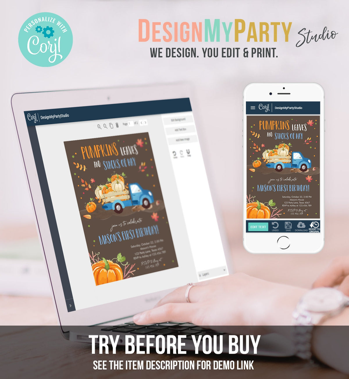 Editable Pumpkin Birthday Invitation Boy Fall Boy Pumpkin Truck Birthday Party Blue Orange Download Printable Invitation Corjl Template 0153