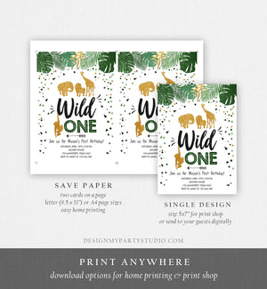 Editable Wild One Birthday Invitation Safari Animals Black Gold Zoo Jungle Wild Animals Party Download Printable Corjl Template Digital 0016