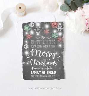 Editable Christmas Pregnancy Announcement Merry Christmas Reveal Family of Three Invitation Baby Arriving Pregnant Printable Corjl Template