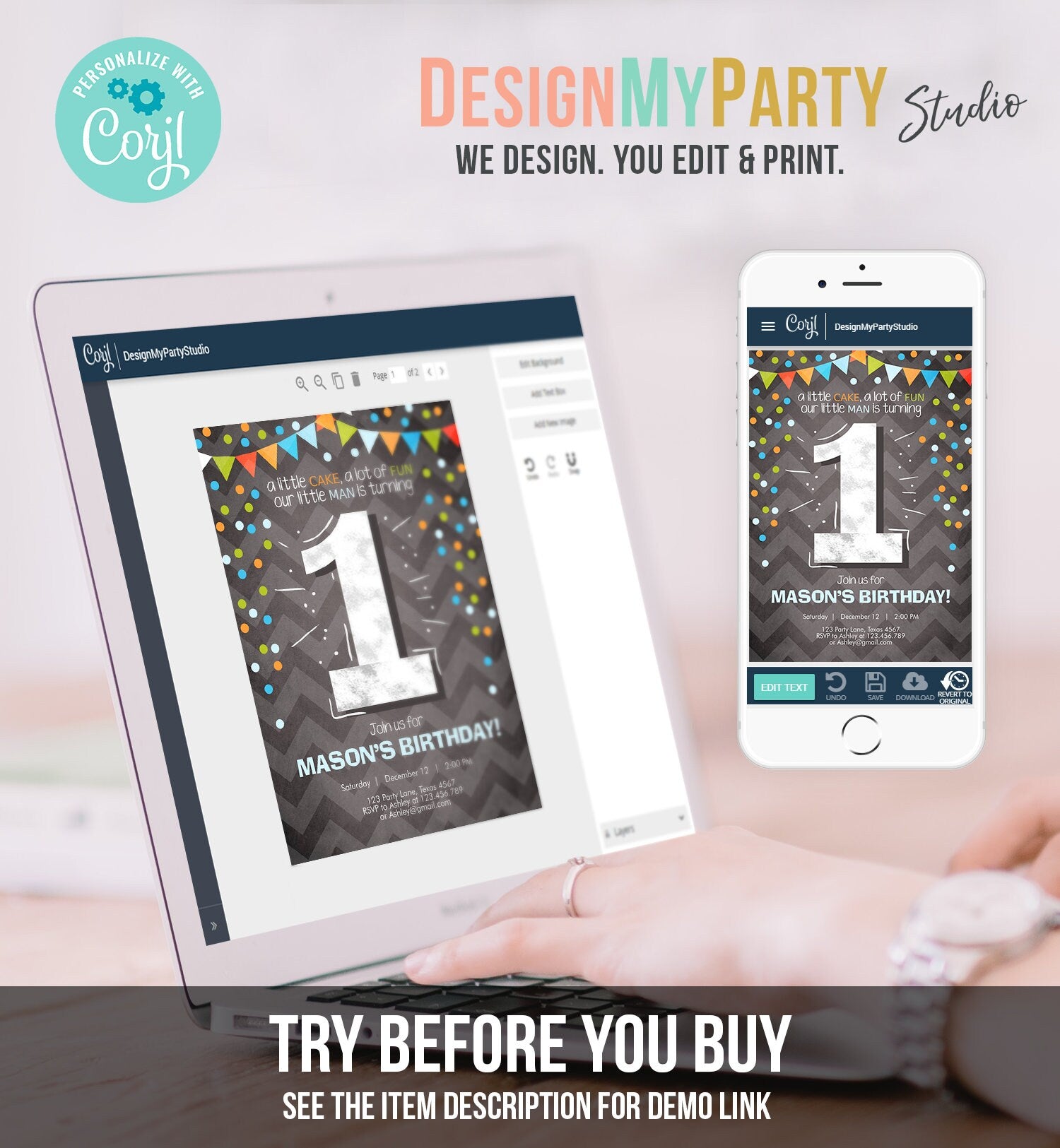 Editable First Birthday Invitation Boy One Green Blue Chalk Confetti Boy 1st Birthday Download Printable Invitation Template Corjl 0071