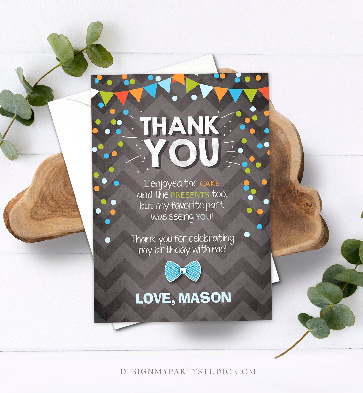 Editable Thank You Card Boy Bowtie Birthday One Green Blue Chalk Confetti First Bow Tie Download Printable Invitation Template Corjl 0071