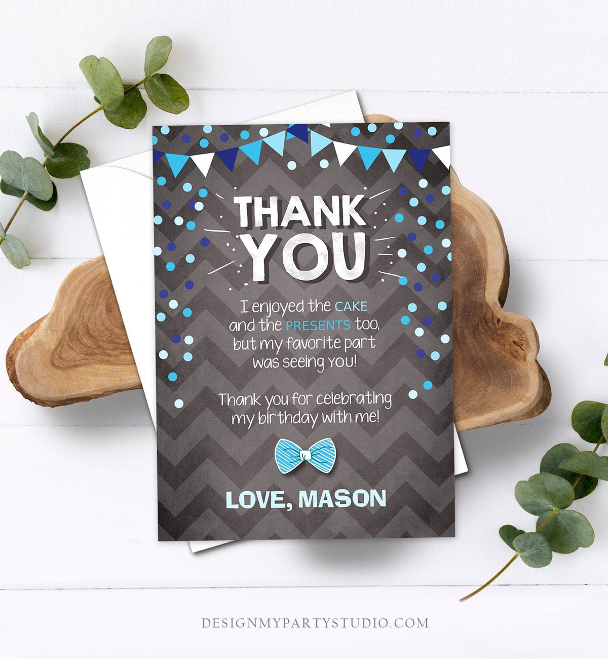 Editable Thank You Card Boy Bowtie Birthday One Green Blue Chalk Confetti First Bow Tie Download Printable Invitation Template Corjl 0071