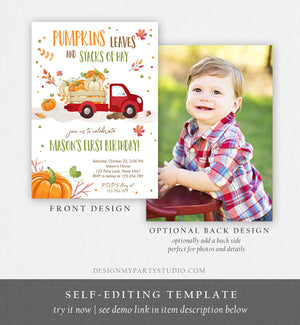 Editable Pumpkin Birthday Invitation Boy Fall Pumpkin Truck Birthday Party Red Orange Green Download Printable Invite Template Corjl 0153