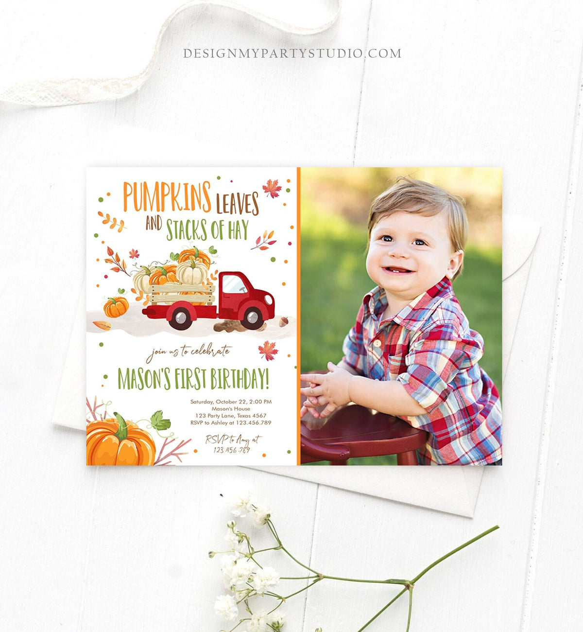 Editable Pumpkin Birthday Invite Boy Fall Boy Pumpkin Truck Birthday Party Blue Orange Download Printable Invitation Template Corjl 0153