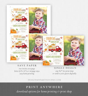 Editable Pumpkin Birthday Invite Boy Fall Boy Pumpkin Truck Birthday Party Blue Orange Download Printable Invitation Template Corjl 0153