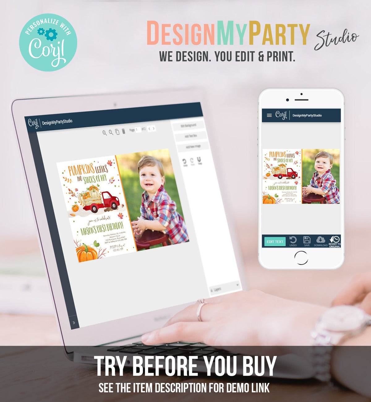 Editable Pumpkin Birthday Invite Boy Fall Boy Pumpkin Truck Birthday Party Blue Orange Download Printable Invitation Template Corjl 0153