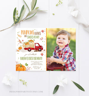 Editable Pumpkin Birthday Invite Boy Fall Boy Pumpkin Truck Birthday Party Blue Orange Download Printable Invitation Template Corjl 0153