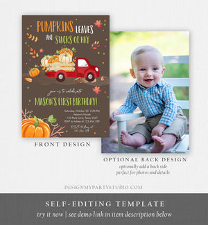 Editable Pumpkin Birthday Invite Boy Fall Pumpkin Truck Birthday Party Red Orange Green Download Printable Invitation Template Corjl 0153