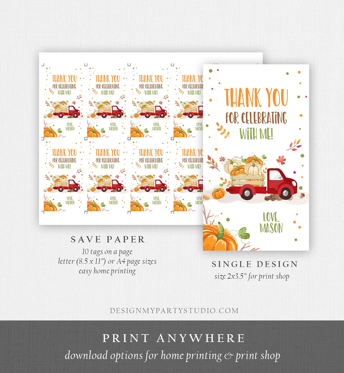 Editable Pumpkin Favor Tags Pumpkin Truck Thank you Tags Fall Autumn Label Pumpkin Birthday Boy Girl Fall Harvest Corjl Template 0153