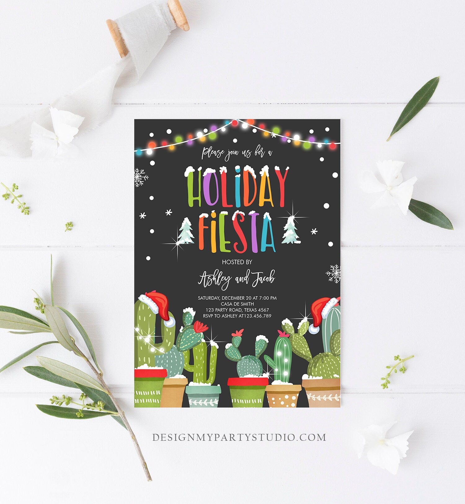 Editable Holiday Fiesta Invitation Xmas Party Invitation Cactus Mexican Holiday Christmas Fiesta Download Printable Corjl Template 0273