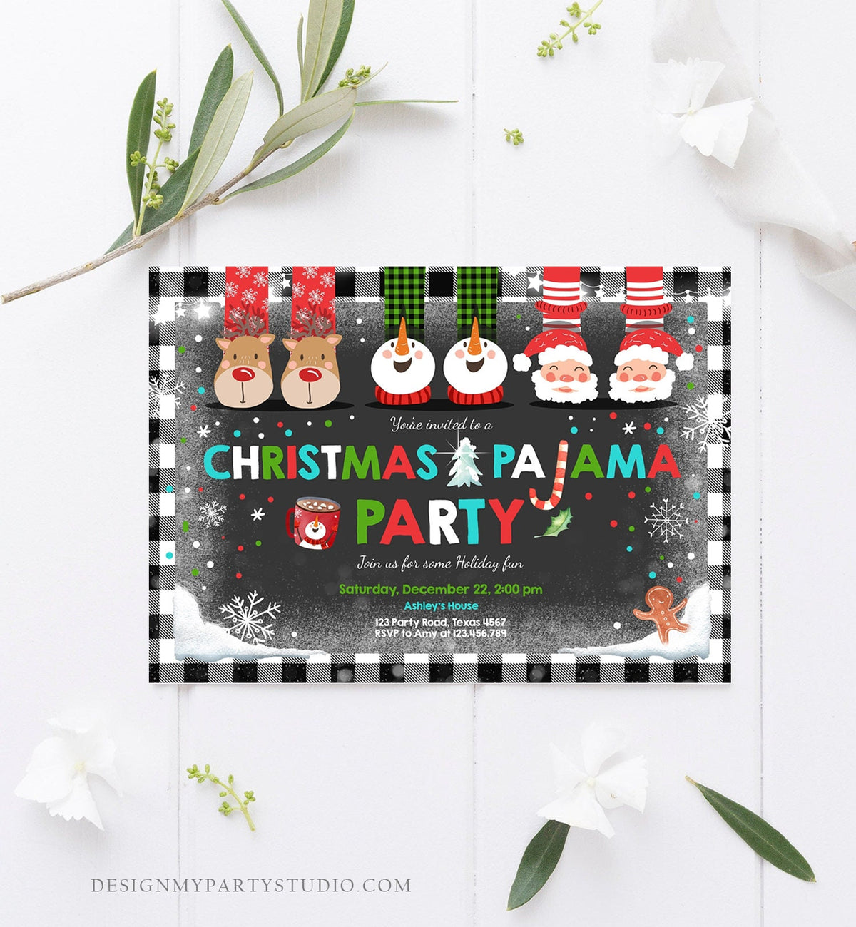 Editable Christmas Pajama Party Christmas Birthday Invitation Pancake Plaid Party Sleepover Download Printable Corjl Template Digital 0274