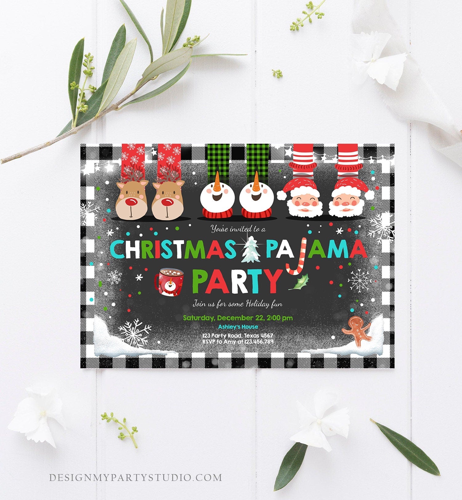 Editable Christmas Pajama Party Christmas Birthday Invitation Pancake - Design My Party Studio for Pajama Party Invites Free Printables