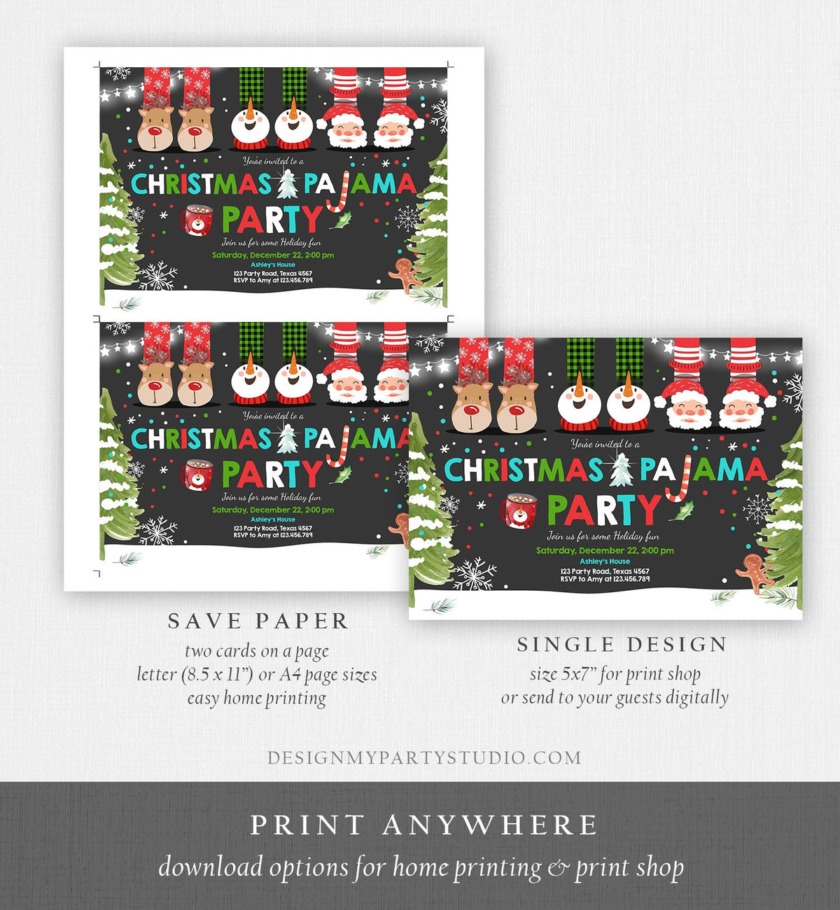 Editable Christmas Pajama Party Christmas Birthday Invitation Pancakes - Design My Party Studio for Christmas Pajama Party Invitations Free Printable