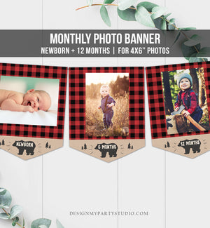 Lumberjack First Birthday Banner Monthly Photo Banner Buffalo Plaid Party Decor Instant Download Printable DIY Digital 0026