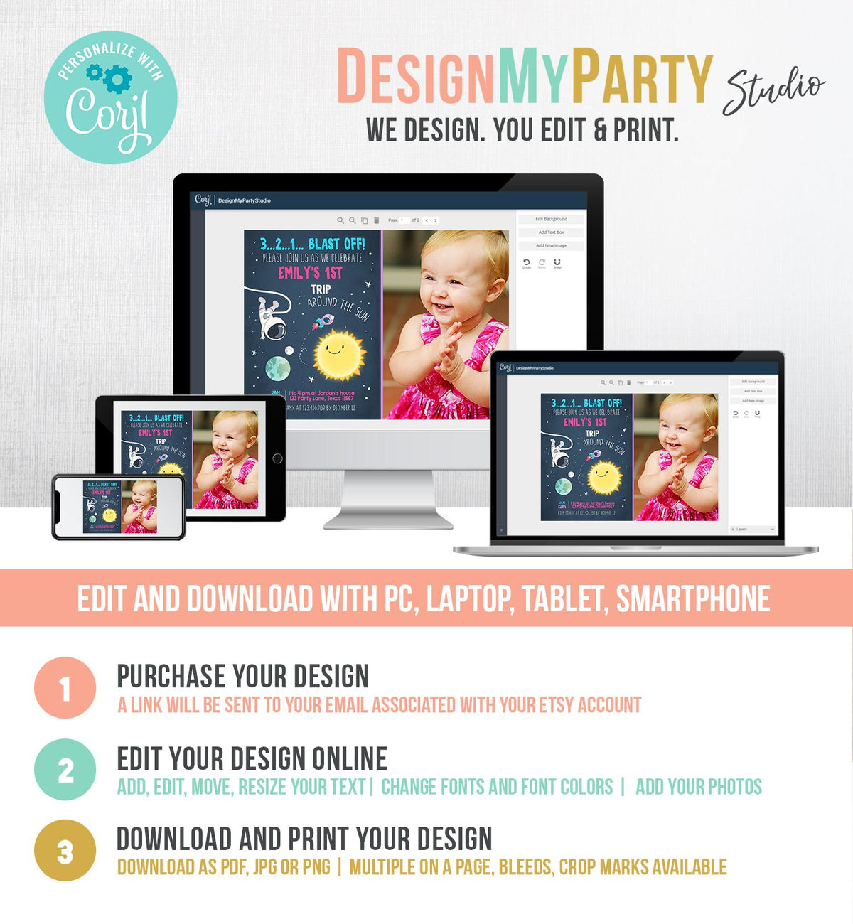 Editable Outer Space Birthday Invitation Girl Rocket Astronaut First Birthday Blast Off Download Printable Template Digital Corjl 0046