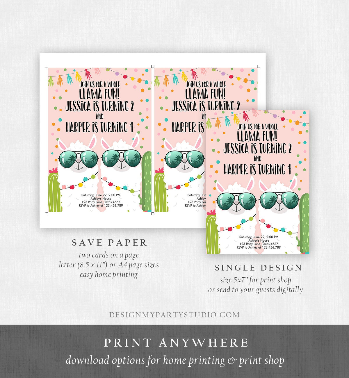 Editable Whole Llama Fun Birthday invitation Twin Llama Cactus Girls Joint Birthday Download Printable Invitation Template Corjl 0079