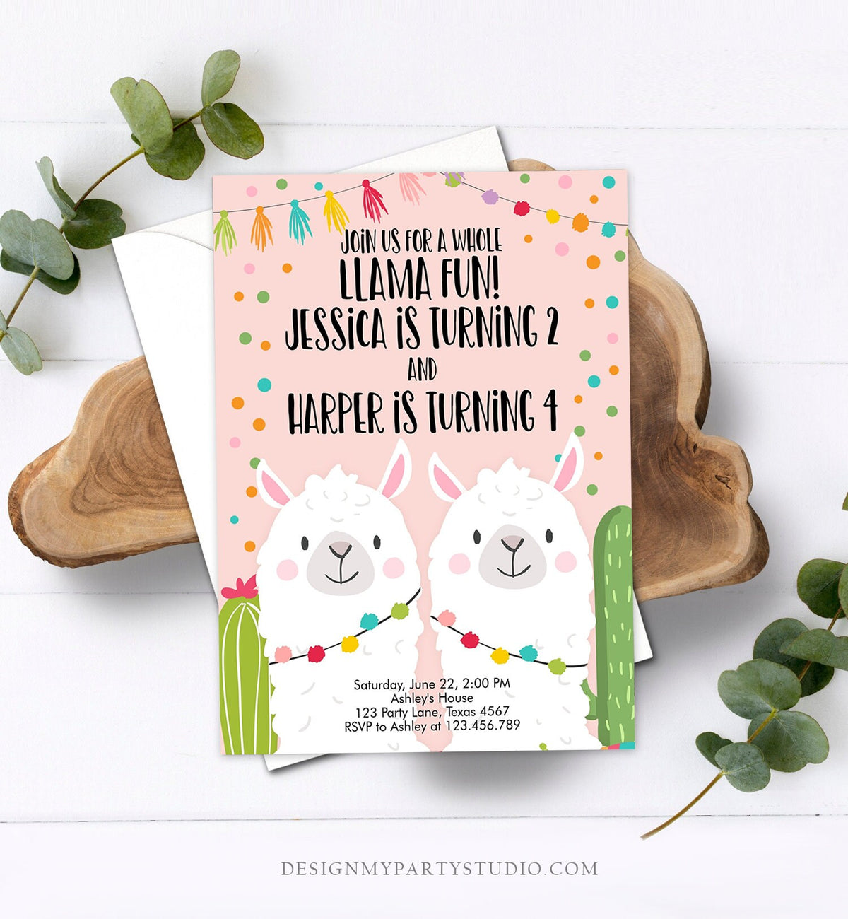 Editable Whole Llama Fun Birthday invitation Twin Llama Cactus Girls Joint Birthday Download Printable Invitation Template Corjl 0079
