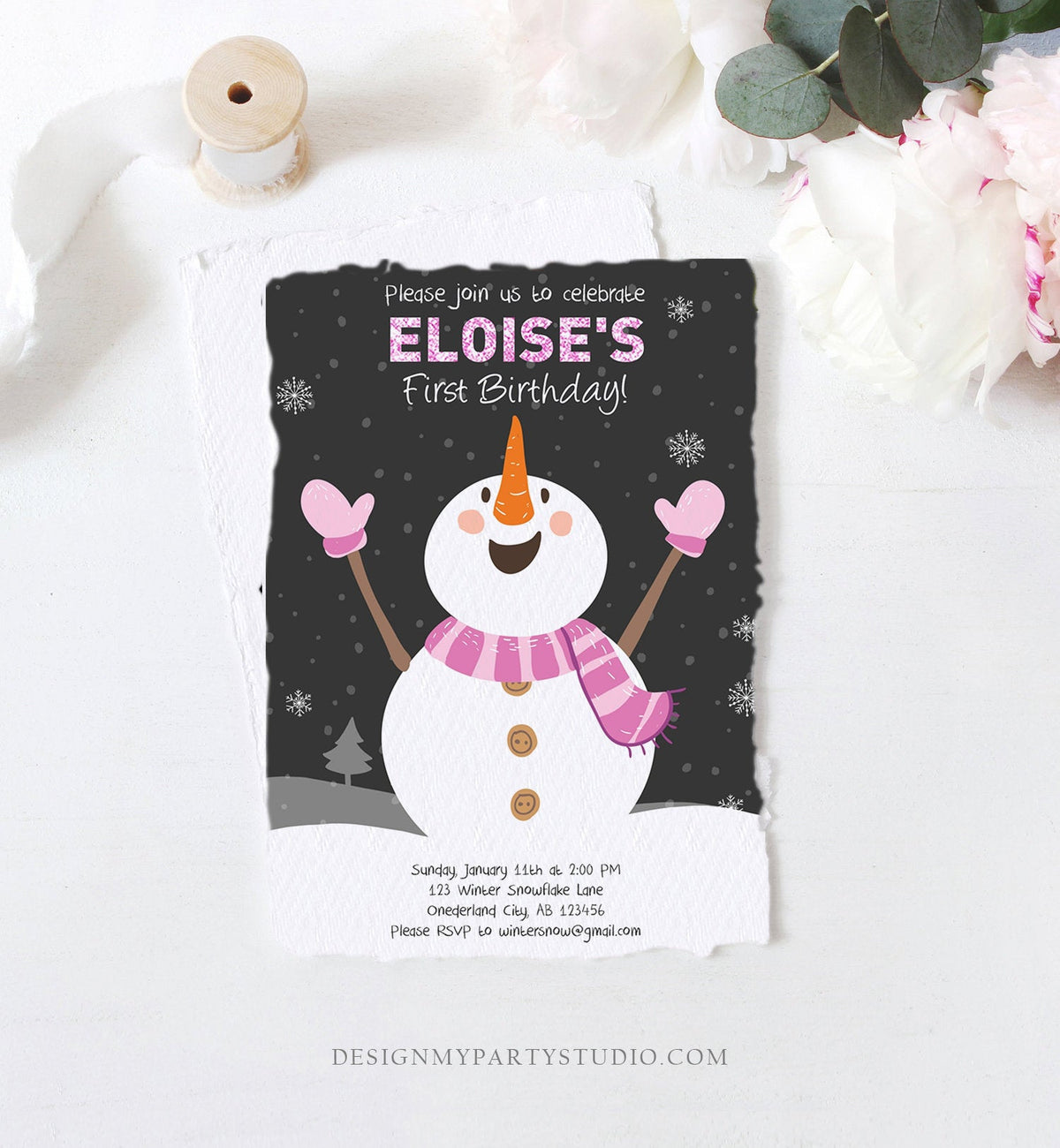 Editable ANY AGE Winter Birthday Invitation First Birthday Snowflake Girl Snowman Instant Download Printable Invite Template Corjl 0022