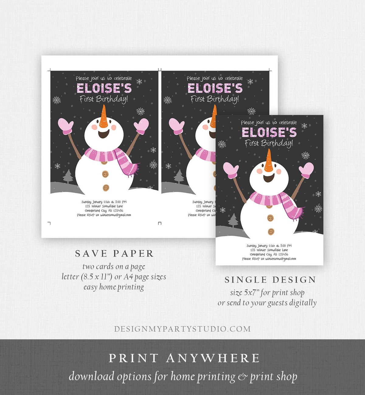 Editable ANY AGE Winter Birthday Invitation First Birthday Snowflake Girl Snowman Instant Download Printable Invite Template Corjl 0022
