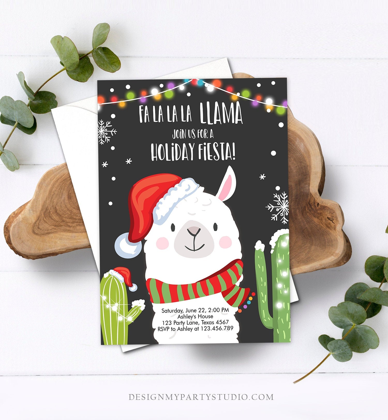 Editable Llama Christmas Party Invitation Cactus Mexican Holiday Fiest - Design My Party Studio editable-llama-christmas-party-invitation-cactus-mexican-holiday-fiest-design-my-party-studio