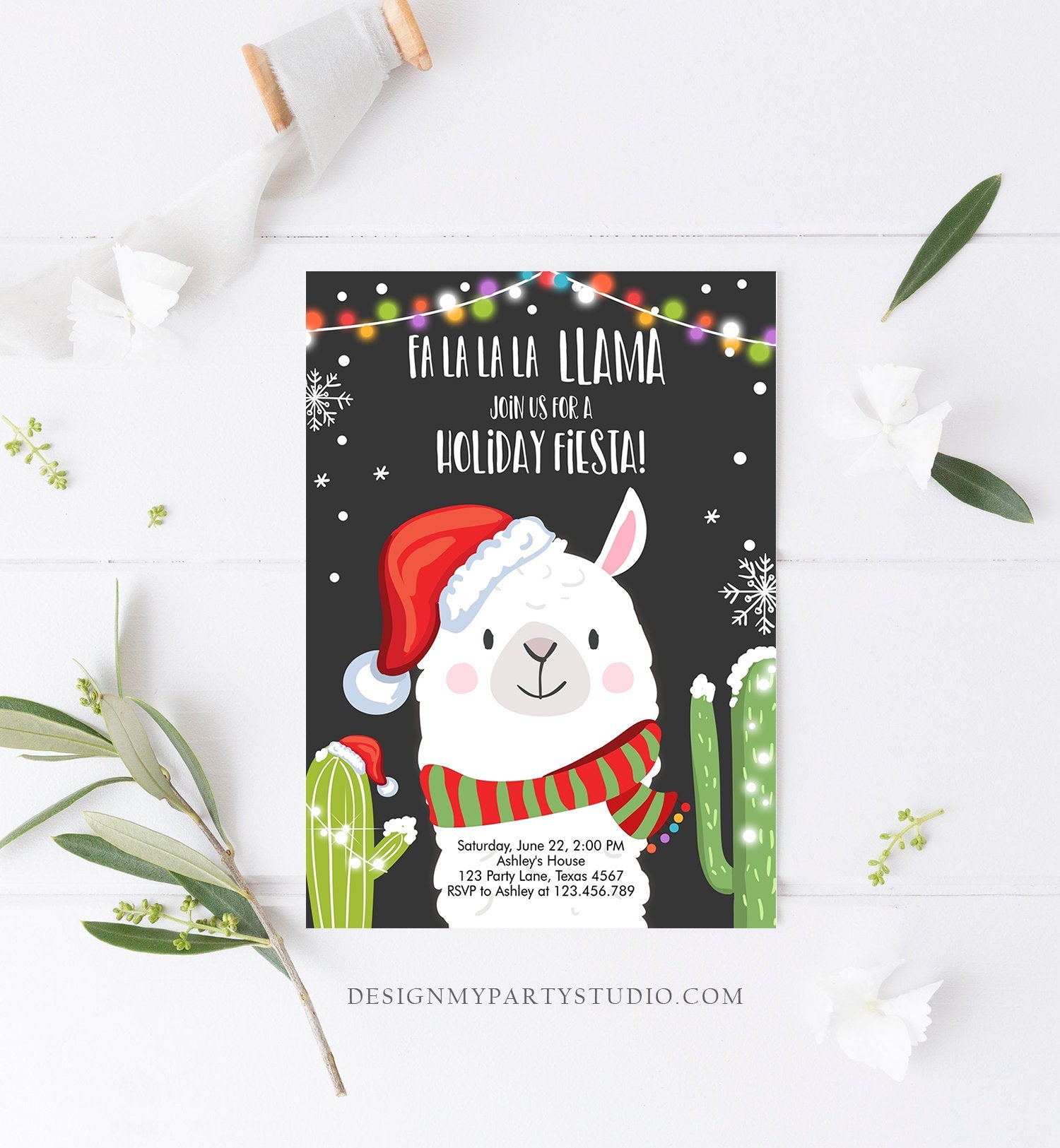 Editable Llama Christmas Party Invitation Cactus Mexican Holiday Fiest - Design My Party Studio editable-llama-christmas-party-invitation-cactus-mexican-holiday-fiest-design-my-party-studio